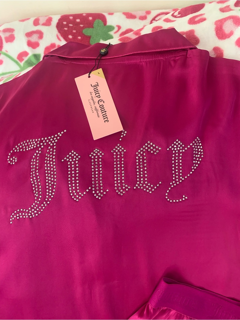 Juicy Couture Silky Satin Bling Pajama Set Raspberry Rave Large NWT - Picture 2 of 15